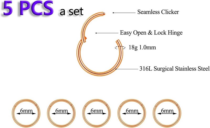 HQLA 5Pcs 16G 18G Surgical Steel Nose Rings Hoop Tragus Septum Cartilage Hoop Earrings For Women Men Body Piercing Jewelry Kit Bar Length 6mm/8mm/10mm/12mm/14mm - Image 2